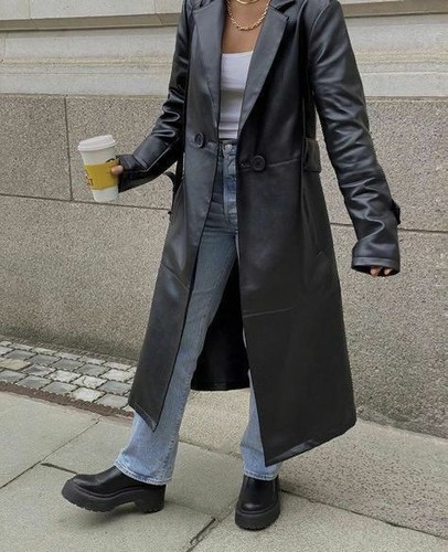 Womens Black Leather Trench Coat 