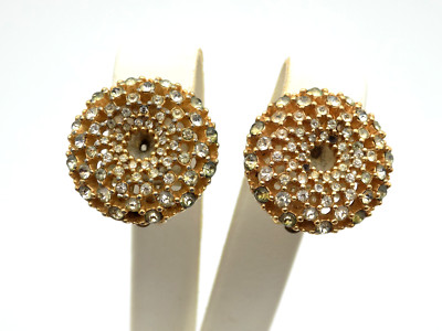 Vintage Ciner Gold Tone Clear Rhinestone Circle Donut Shape Earrings