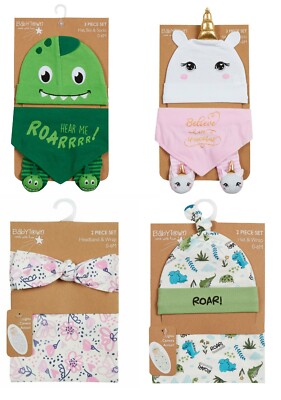 Baby Geschenk - Mütze Stirnband Decke Swaddle Wrap Socken Lätzchen Dinosaurier Blumen Einhorn