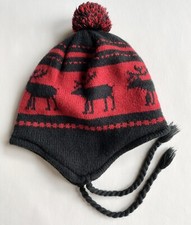 Youth Kids Knit Winter Pigtail Hat MOOSE or Reindeer Design Red BLACK
