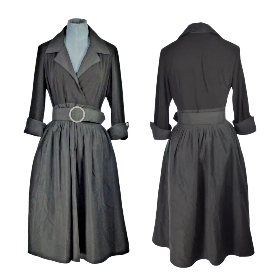 Swing Dress Eliza J New York 50s Style Black Fit Flare Belted Midi UK 12 US 8