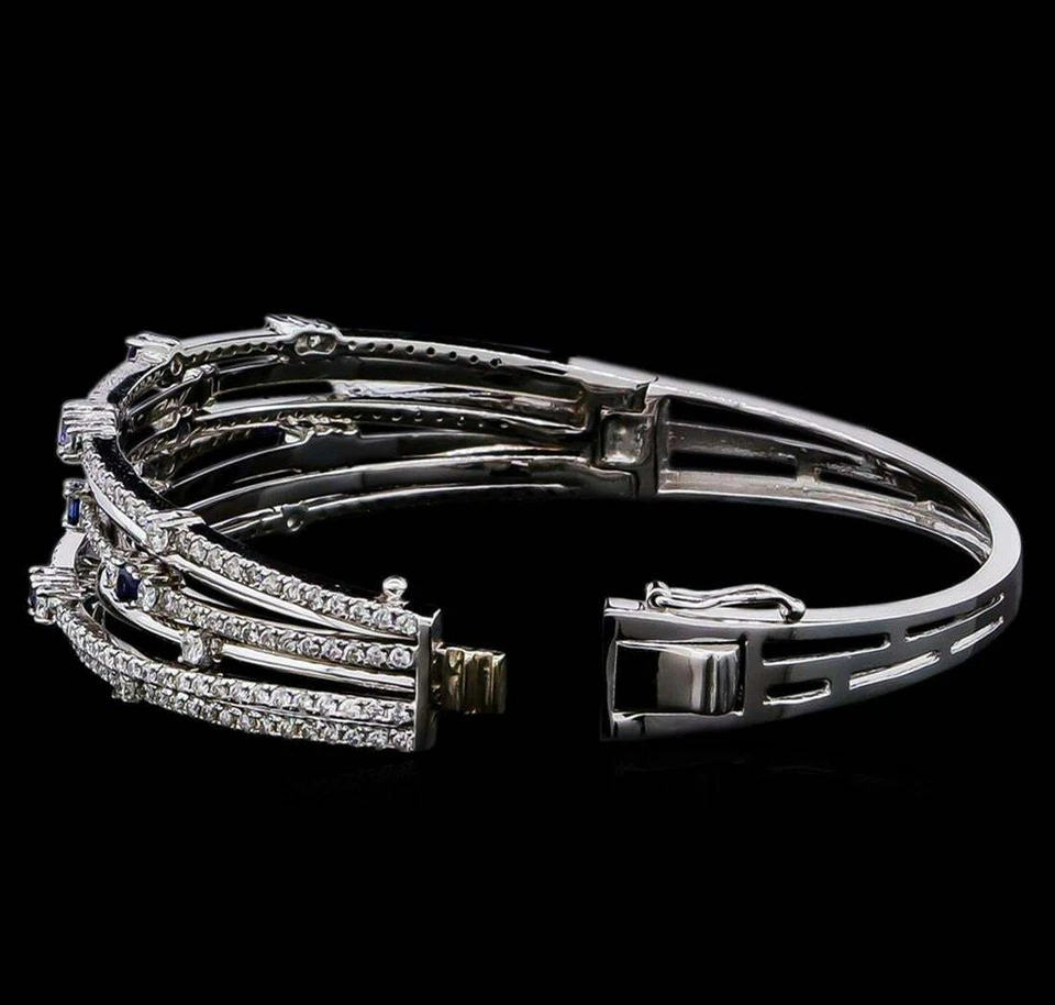 Gorgeous White & Blue 1.39CT Round Simulated Sapphire Rows Bangle Cuff Bracelets - Image 3 of 4