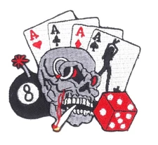 Skull, 8 Ball, Dice, 4 Aces Iron On Sew On Embroidered Patch 3"x 2 7/8"