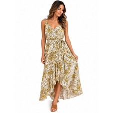Hummingbird Floral Wrap Maxi Dress Yellow Boho High Low Tulip Hem Sleeveless S