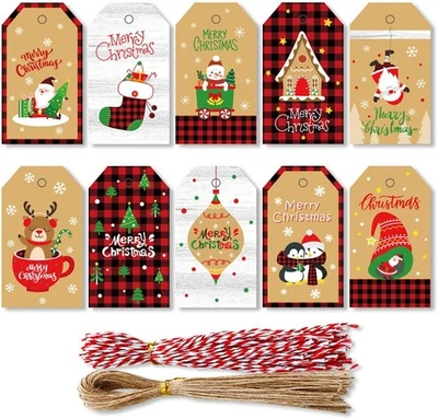 DOJOYKEY 100pcs 10 Design Xmas Gift Tags, Christmas Labels with Jute String and Cotton S