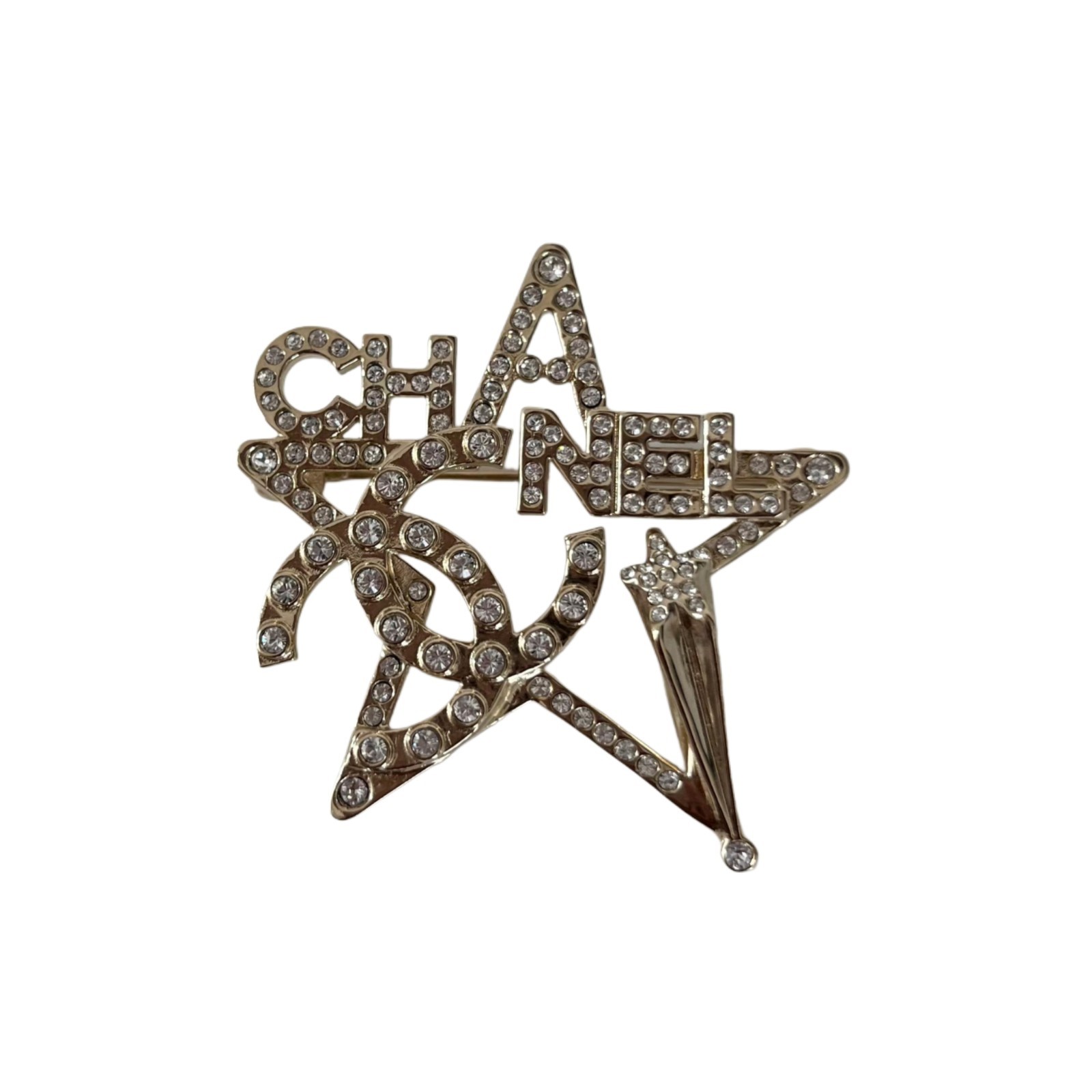 Chanel Crystal Logo Star Brooch