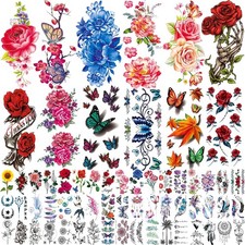 82 Sheets Flowers Temporary Tattoos Stickers, Roses, Butterflies and Multi-Color