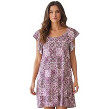 LOFT Purple White Floral Flutter Sleeve Empire Dress L Large Casual EUC