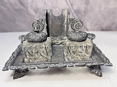 Vintage Silver/Metal Double Inkwell with Ornate Design  M-107