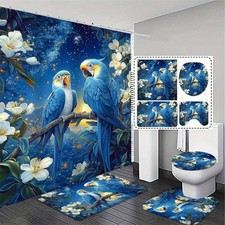 Flower Blue Parrot Shower Curtain Bathroom Rug Bath Mat Toilet Lid Cover Decor