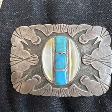 Fun! Navajo Southwest Sterling Silver & Turquoise & MOP Vintage Belt Buckle