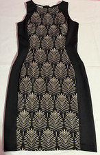 Maggy London Black & Beige Palm Leaf Print Sheath Dress Size 10 Sleeveless Midi