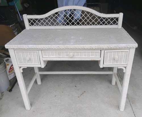 Vintage Wicker Vanity Dresser Table with Large Mirror & Drawer
