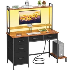 Computer Gaming Desk with Hutch, Home Office Desk with Power Outlets, LED Lig...