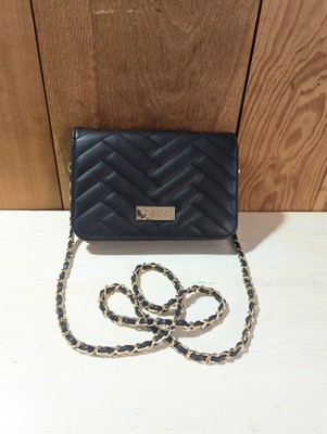 Black Quilted Faux Leather Crossbody Bag with Gold Chain Strap Zig Zag Bebe
