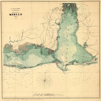 Vintage Maps - Approaches to Mobile Alabama - Art Print on Paper or Canvas