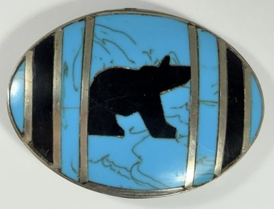 Vintage Southwestern Turquoise and Black Inlay Bear Belt Buckle.