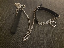 Black Collar With Metal Heart And Leash