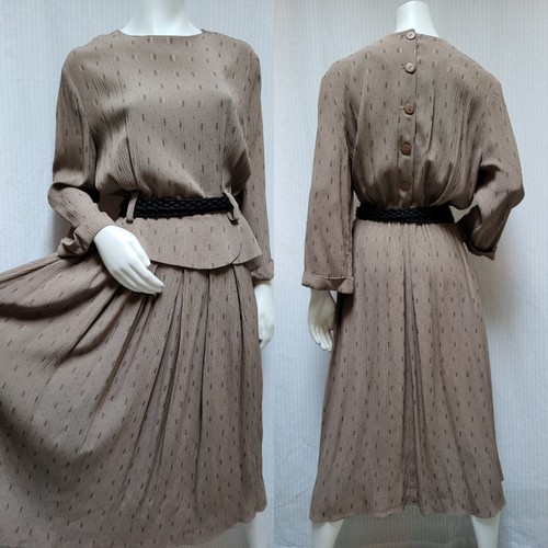 Vintage 90's 80's Impulsive Tan & Black Jacquard Crinkle Peplum Dress - Size L