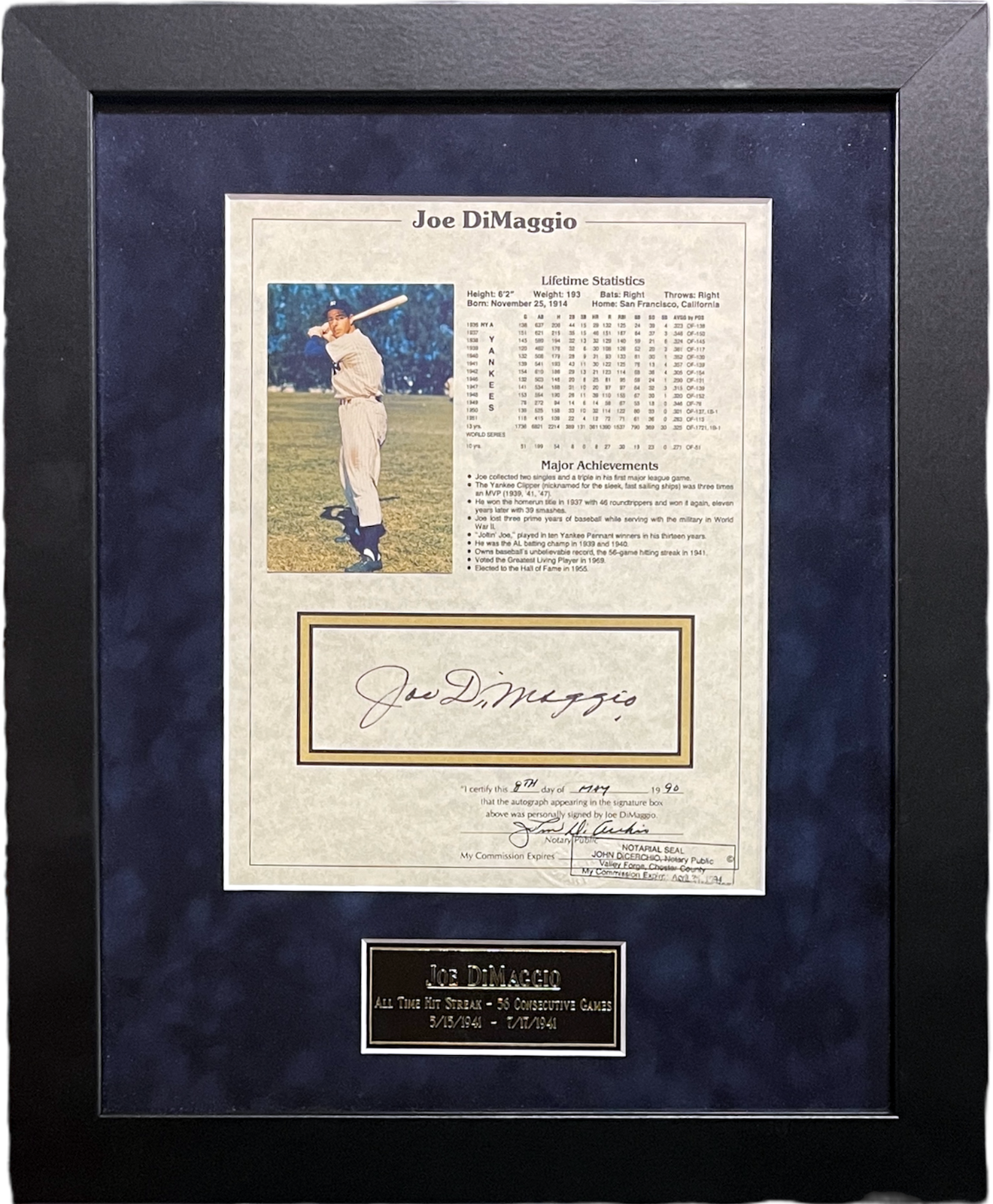 Joe DiMaggio Autographed Signed New York Yankees NY Yankees Lifetime Stat Sheet Custom Framing- Notarized/COA 