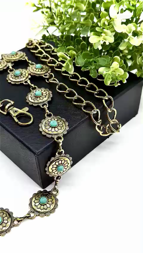 Women Western Bohemian Belt Rustic Gold Metal Chain Turquoise Flower Charm S M L