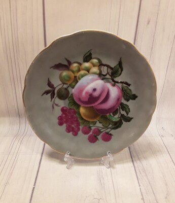 Vintage Royal Sealy Saucer ~Green Gold Filigree Fruit Purple Plums Green Grapes~
