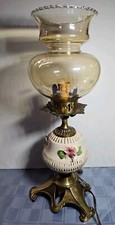 Vintage Porcelain & Brass Table Lamp Floral Bayonet Amber Etched Globe Elmaco