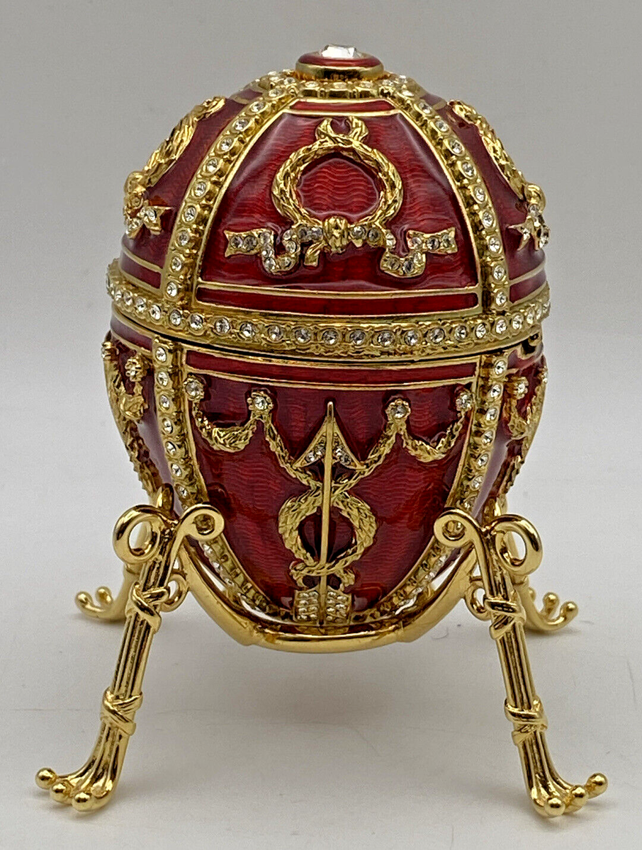 Authentic IMPERIAL FABERGE Egg ~ RED ROSEBUD ~ in Blue Velvet Box