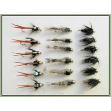 Goldhead Nymphs, Trout Flies, 18 Pack, Copper John, Hares Ear, Black & Peacock