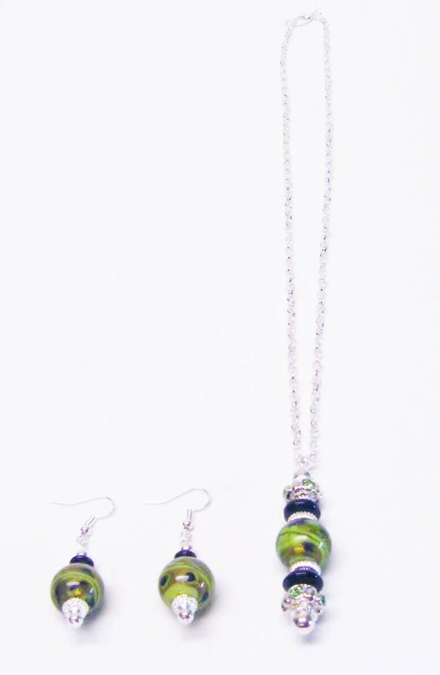Juego de collar y pendientes colgantes con cuentas de vidrio de trabajo lámpara giratoria verde/negro y marrón Foto 3 de 4