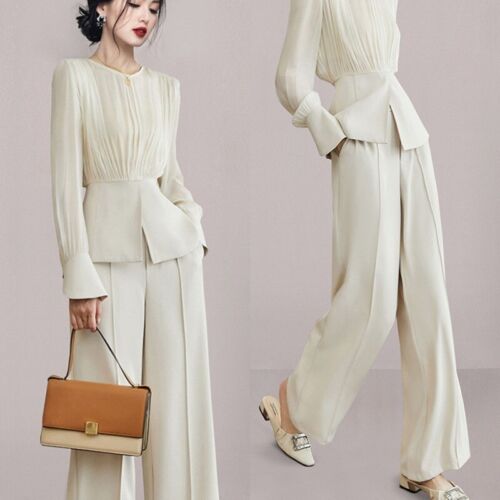 Fall Suit Women Slender Long Sleeve Blouse Straightwide Leg Pants Two-Piece Set - Picture 1 of 13