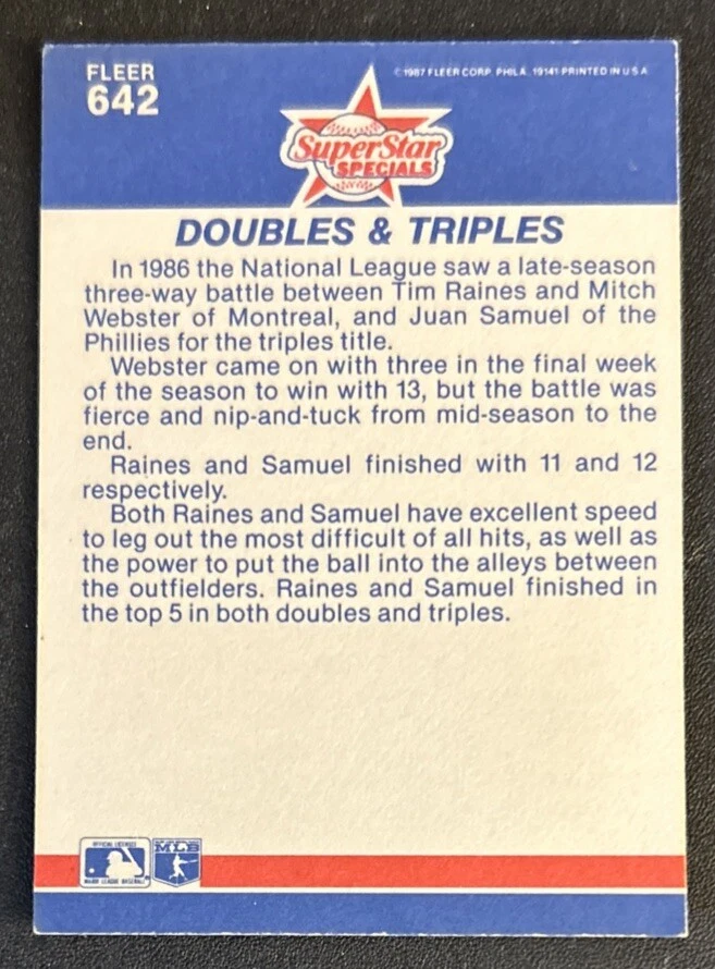 1987 Fleer Superstar Specials Juan Samuel Tim Raines Baseball Card #642 GD O/C - Image 2 of 2