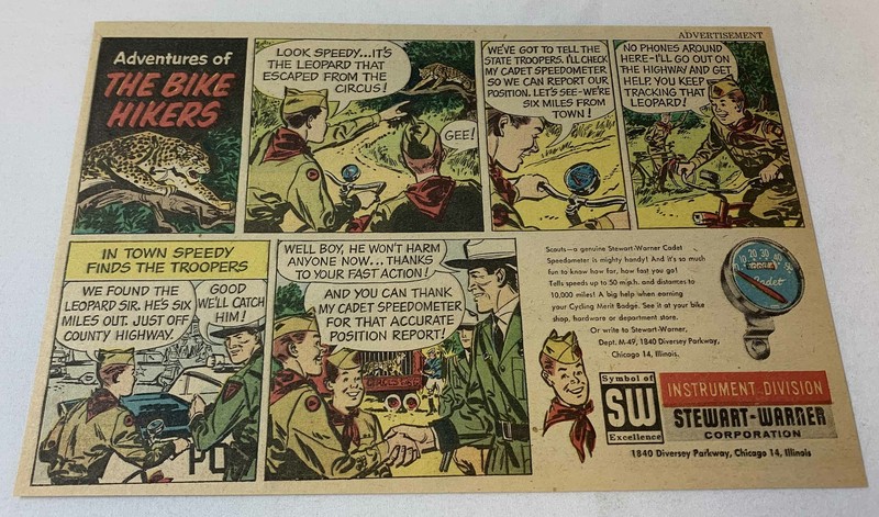 1959 Cadet Bike Speedometer cartoon ad ~ LEOPARD ESCAPED FROM THE CIRCUS