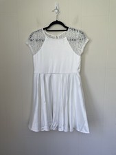 Calvin Klein NEW White Satin Lace Short Sleeve Fit & Flat Dress ~ NWT Size 12.5