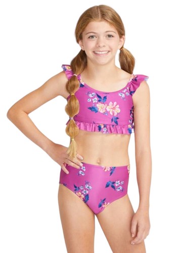 Justice Girls Bikini Swimsuit Fuchsia Size 10 Floral Ruffle Detail 2 Piece Set - Picture 2 of 10