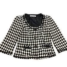Trina Turk Wool Blend Jacket Size 4 Tweed Preppy Velvet Trim Bows Chic Career