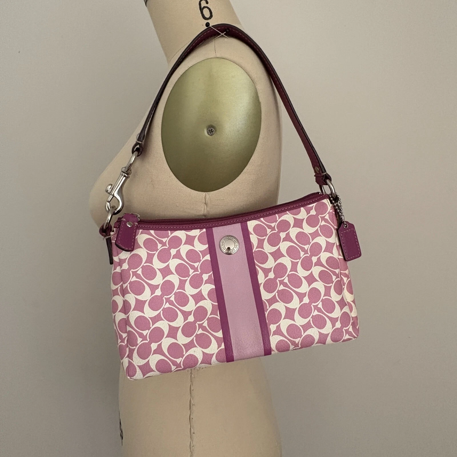 Borsa a tracolla piccola Coach Signature logo viola crema a righe