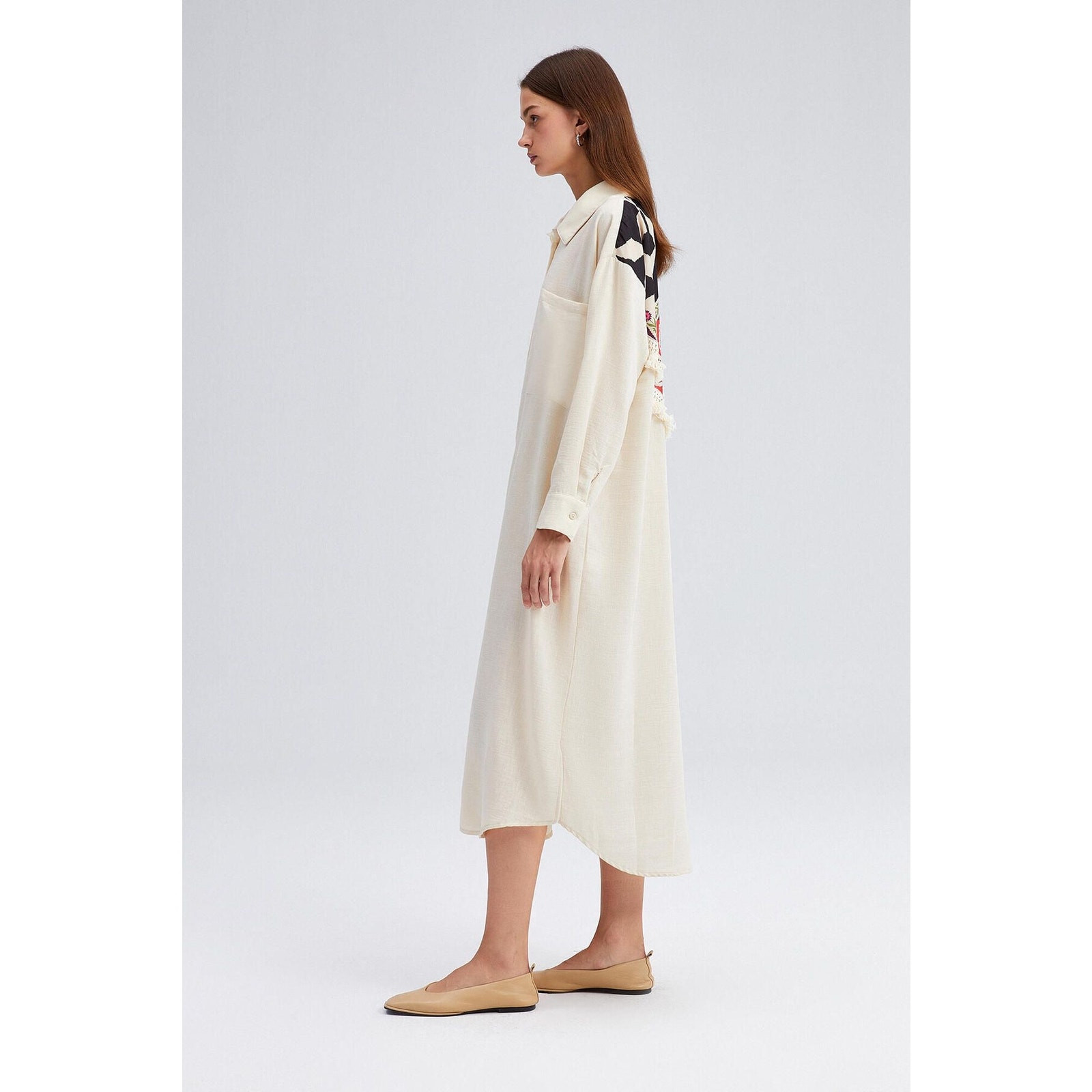 Women’s Beige Boho Oversized Midi Shirt Dress with Back Print and Tassel Detail NEW M