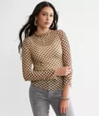 Willow & Root Checkered Sheer Mesh Layering Top | Ivory & Brown | Size Small