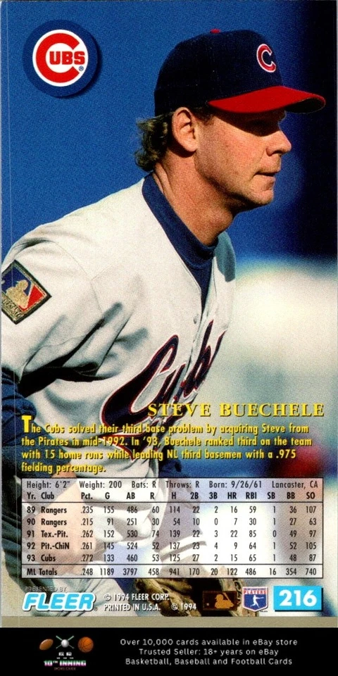 1994 Fleer Extra Bases BASEBALL #216 Steve Buechele - Image 2 of 2