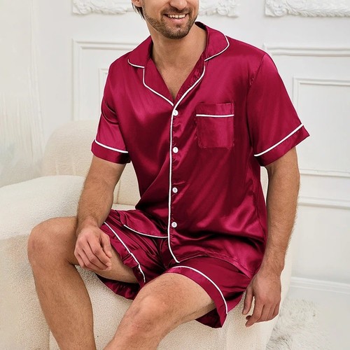 Mens Short Sleeve Shirt Shorts Satin Silk Set Pajamas Sleepwear Nightwear - Picture 16 of 16