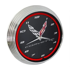 Corvette C8 Next Generation Red Neon Clock 15 Inch Diameter with Chrome Rim a...