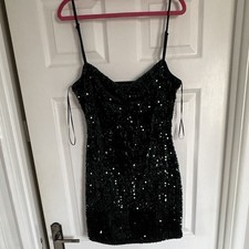 Zara Basic Dark Green Sequin Bodycon Mini Dress Spaghetti Straps Party Size L