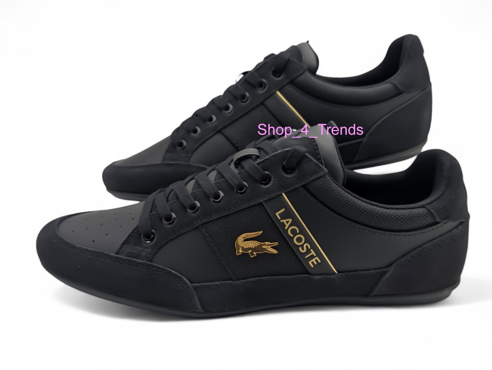New in box LACOSTE Men Shoes Chaymon 125 1 Black Gold Leathe