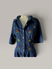 Sarin Plus Shirt Dress Womens XL  Blue Denim Floral Embroidered Maxi 90’s button