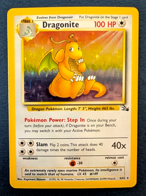 dragonite 1995 pokemon card 1996 Japanese Pokemon Monsters Carddass 149 Rare Hol – Final Form Collectables the trusted official grading guarantees its condition DRAGONITE - 4/62 - Fossil