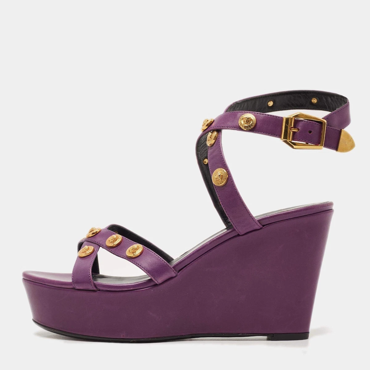 Versace Medusa Size 40 Purple Leather Wedge Ankle Strap Sandals | eBay