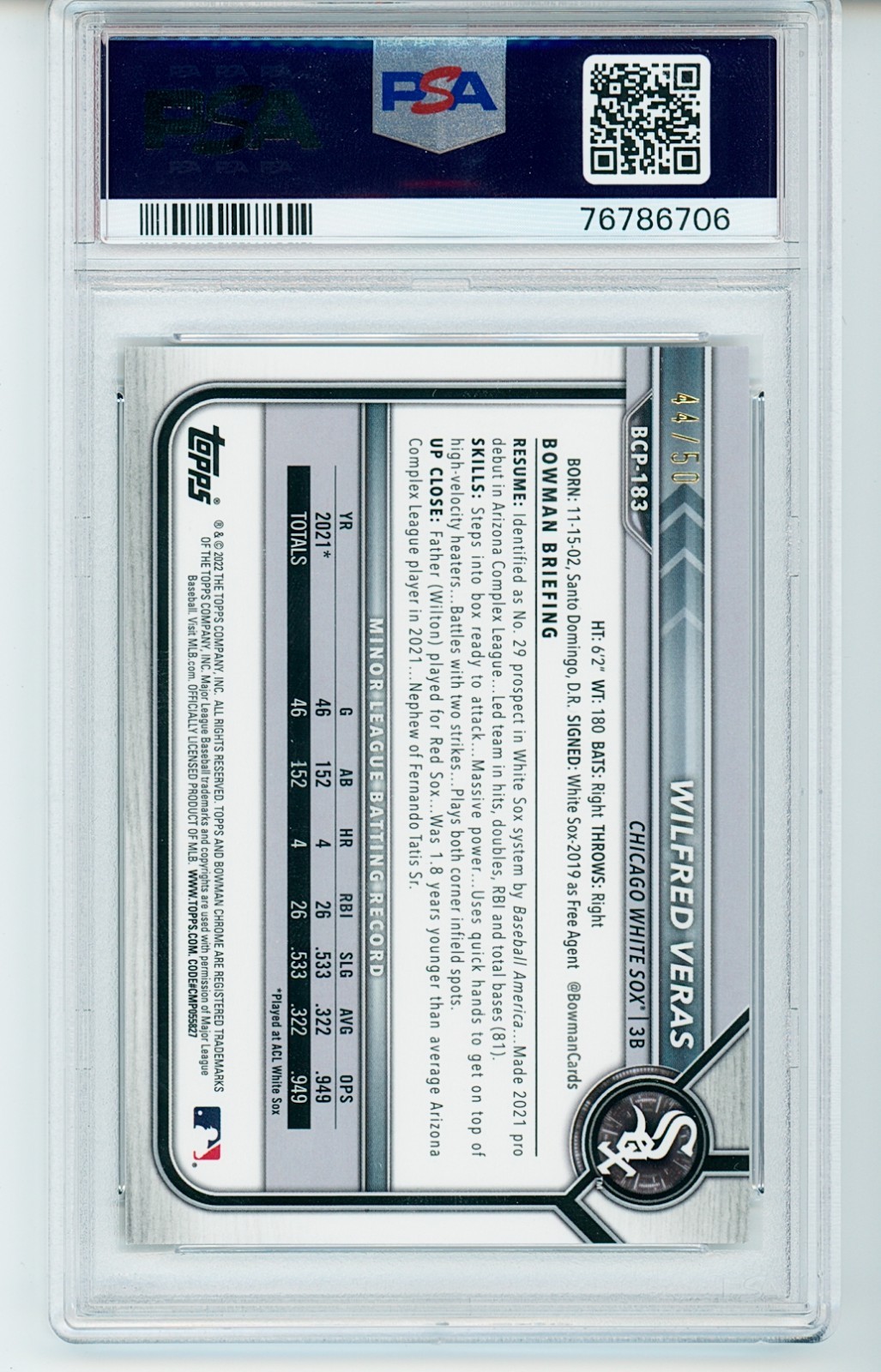 2022 Bowman Chrome Wilfred Veras Gold Shimmer /50 PSA 10 #BCP-183 view 2