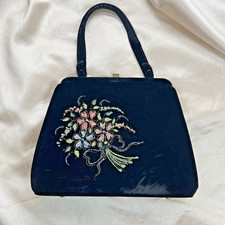 1940-1950 s Vintage Black Velvet Beaded HANDBAG PURSE Lift Lock Close VTG