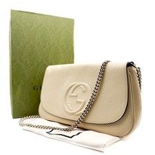 Gucci SOHO Chain Leather Shoulder Bag Ivory Gold Silver 536224 Authentic